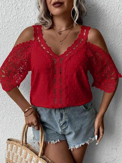 SHEIN Clasi Plus Size Solid V-Neck Off-Shoulder Short Sleeve Lace Loose Blouse