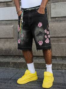 Street Life Men's Floral Embroidery Pocket Distressed Casual Denim Shorts - Black - View 5