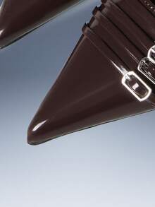 CUCCOO GRLICON Burgundy Patent Leather Pointed Slingback Metal Four-Buckle Strap Kitten Heel Women's Shoes - Brown - View 3