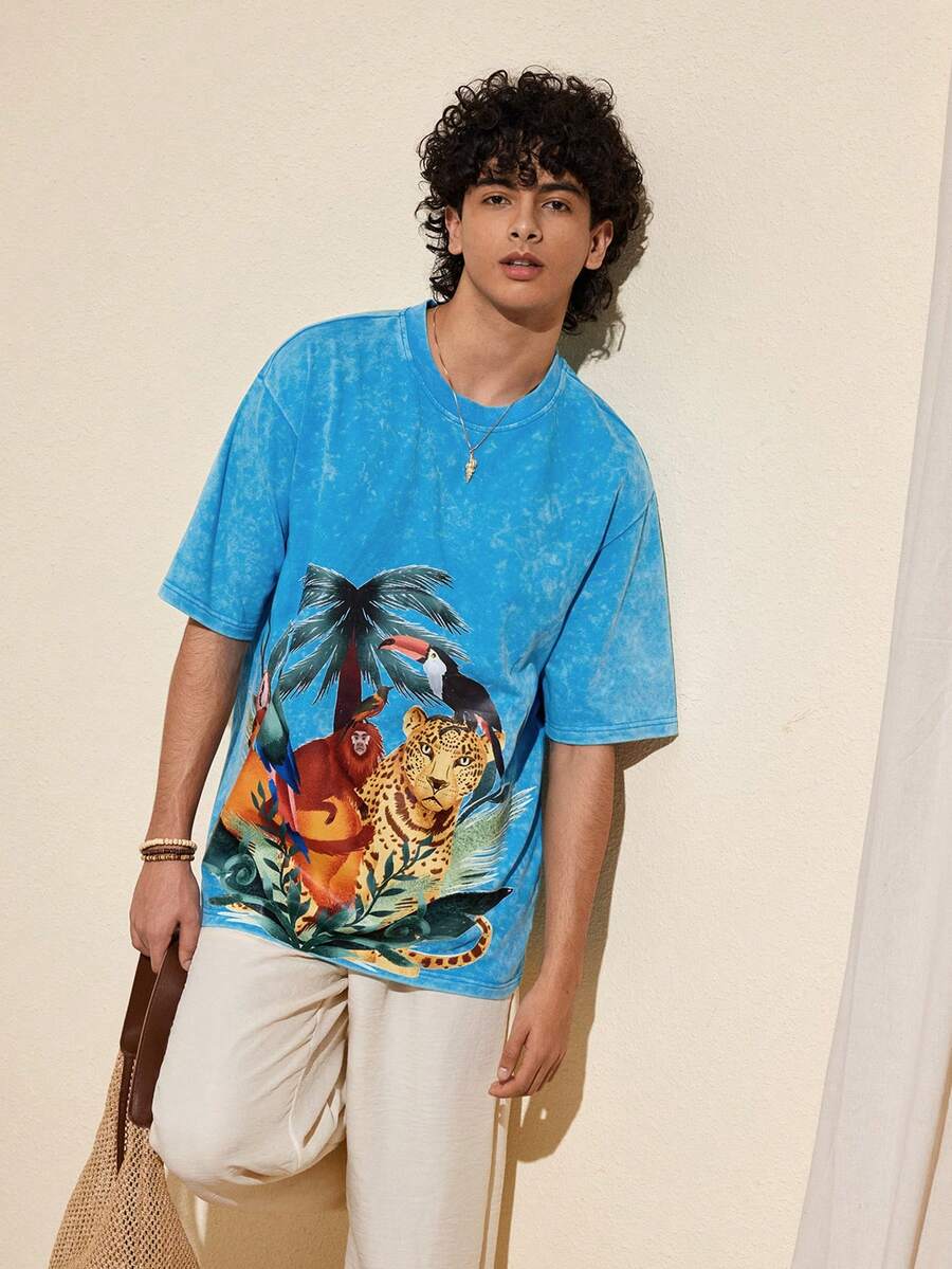 Felipe Marques Men's Animal & Plant Print Distressed Short Sleeve Loose Blue T-Shirt, Casual For Spring, Summer, Vacation, Party, Beach - Blue - View 1