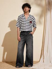 Felipe Marques Ekonfriends Quần jeans nam dáng rộng, rách rưới, đính đinh tán, thích hợp cho mùa xuân, hè, thu, đi biển và dạo phố. - Màu xám đen - Xem 1