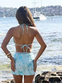 Bonvoyette 3件套性感时尚沙滩冲浪比基尼泳衣，带独立裙摆 - 藍色 - 查看 2