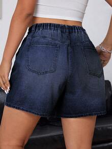 SHEIN ICON 大码女式夏季休闲日常通勤高腰牛仔短裤 - 深色水洗藍 - 查看 2