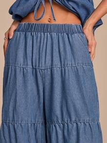 COSMINA Women's Denim Jeans, Pleated Patchwork Design, Pockets, Blue Denim Pants, Summer, Vacation Denim Trousers, Casual Daily Wear, Loose Wide-Leg Jeans - Blue - View 4