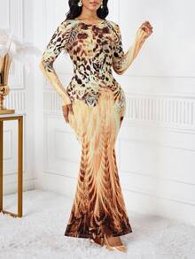 SHEIN Lady 女式优雅动物印花鱼尾下摆连衣裙，秋季 - 彩色 - 查看 4