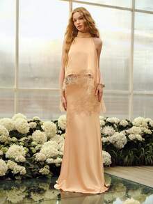 MOTF PREMIUM 2PCS/SET LACE PATCHWORK HALTER TOP AND FISHTAIL SKIRT, SPRING/SUMMER - Coral Pink - View 4