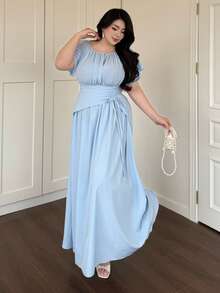 Vibekara 大码荷叶边喇叭袖系带腰身优雅复古可爱度假派对婚纱，浅蓝色 - 淺藍色 - 查看 5