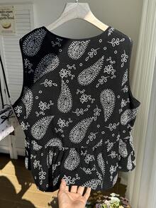 SHEIN EZwear Camisa de chaleco con estampado de anacardo negro de estilo casual de vacaciones, parte superior de paisley con lazo para mujer de talla grande, nuevas llegadas de blusas de verano casuales y elegantes para mujer - Negro - Ver 4