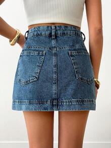 SHEIN Woman High Waist Denim Mini Casual Washed Blue Skirt Button Front - Medium Wash - View 2
