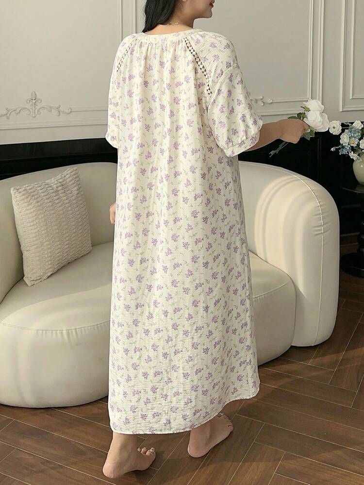 Dazy Plus Elegant Ditsy Floral Loose Lantern Sleeve Long Nightgown, Casual Home Dress For Spring & Summer