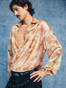 ROMWE MEN Street Life Men's Tie-Dye Print Wrap Collar Shirt - Brown - View 6