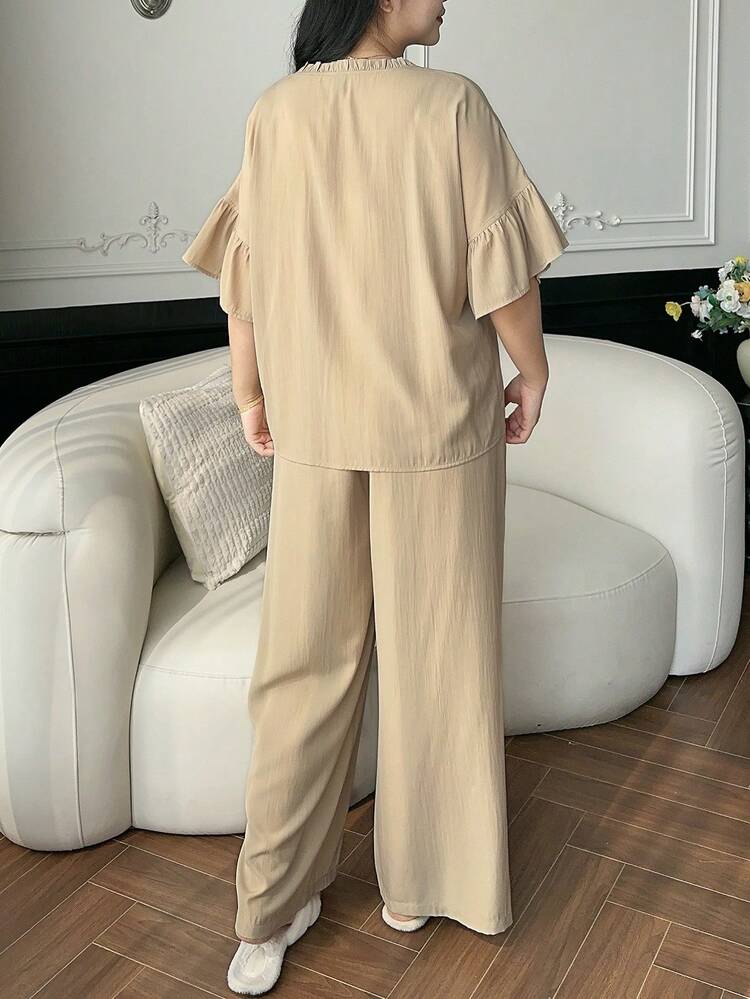 Dazy Plus Plus Size Comfortable Solid Color Ruffle Trim Short Sleeve Top And Shorts Pajama Set, Summer