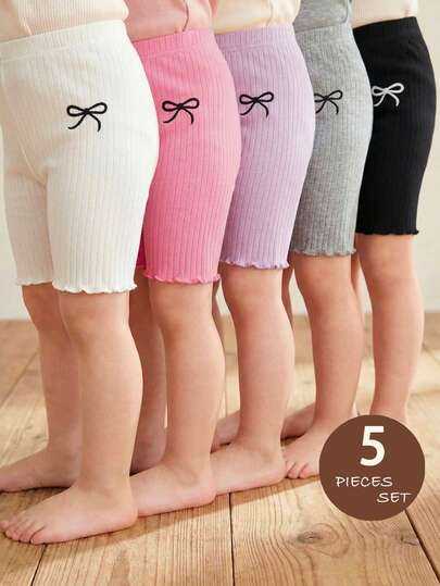 SHEIN 5pcs Baby Girl Solid Color Embroidered Knit Shorts Set