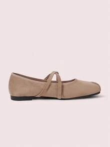 CUCCOO DOLLMOD Women's Shoes Camel Square Toe Characteristic Pleated Suede Cross Strap Mary Jane Low Vamp Ballet Flats - Khaki - View 3