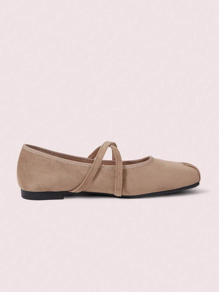 CUCCOO DOLLMOD Women's Shoes Camel Square Toe Characteristic Pleated Suede Cross Strap Mary Jane Low Vamp Ballet Flats - Khaki - View 3