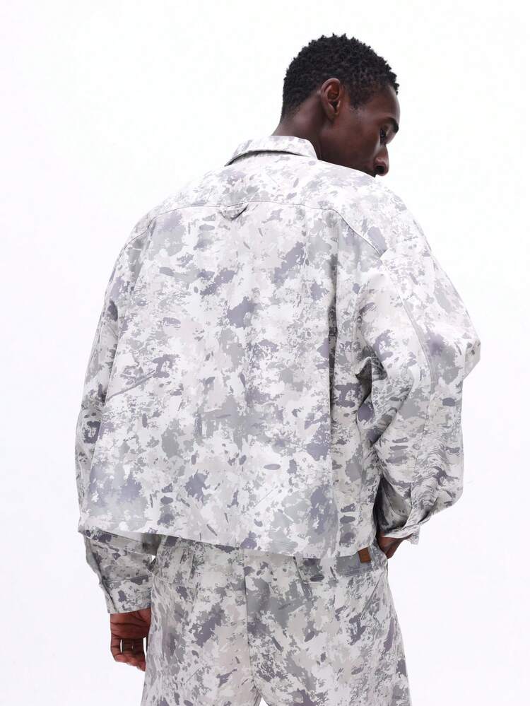 Boxy Long Sleeve Camouflage Zip Overshirt With Panels