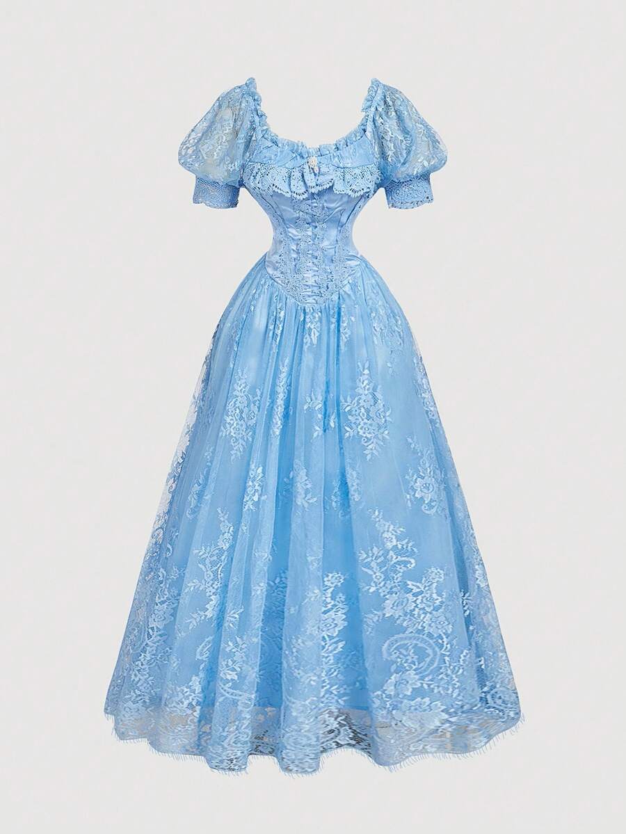 SHEIN MOD Đầm satin màu xanh nhạt lãng mạn với họa tiết ren và các mảnh ghép, viền xếp tầng bồng bềnh và nơ trang trí, thích hợp cho các buổi hẹn hò, tiệc tùng, ngày lễ, tiệc trà, sinh nhật. - Màu xanh lam - Xem 1