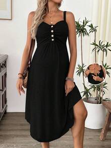 Cheriluna Maternity Maternity Solid Color Ruched Button Design Camisole Nursing Dress - Black - View 1