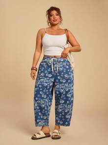 Travachic Quần jeans Harem dáng rộng dành cho nữ cỡ lớn, thích hợp mặc đi nghỉ mát và đi làm, họa tiết hoa, cạp chun, phối nhiều túi. - Rửa trung bình - Xem 3