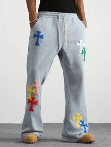 PAVTROS 男士抽绳腰带交叉图案口袋阔腿休闲运动裤 - 灰色 - 查看 4