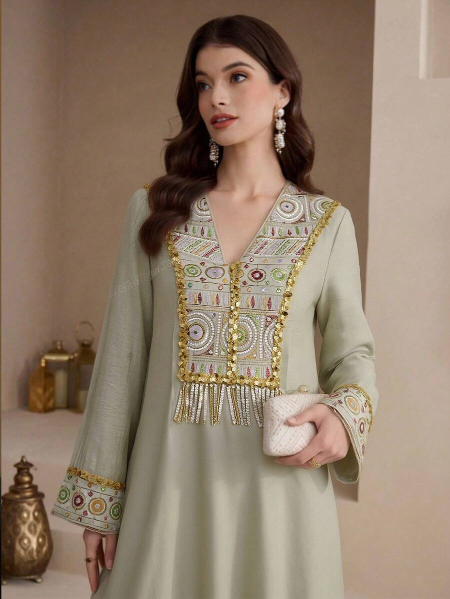 Al Najma 新款优雅串珠刺绣流苏设计百搭休闲派对节日连衣裙 - 綠色 - 查看 1