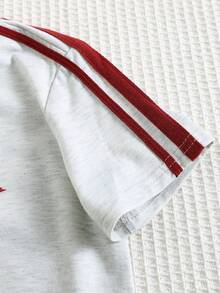 SHEIN 2件套男童休闲舒适百搭条纹缎带撞色圆领短袖T恤和纯色短裤套装 - 灰色 - 查看 7