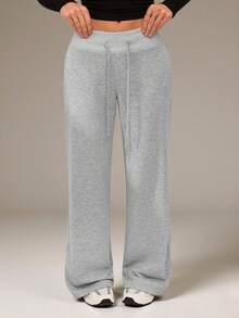 SHEIN Tall Comfortable And Casual Plain Knitted Low-Rise Wide-Leg Women's Sweatpants - Grey - View 4