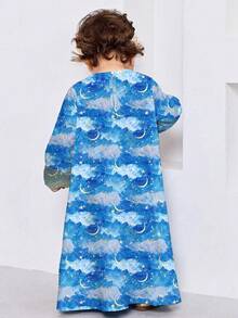 SHEIN 女嬰淺藍色與白色秋季端莊婚禮賓客裝，優雅 Jalabiya 連身裙，復古阿拉伯風長袖 V 領 Kaftan 日常穿搭 - 彩色 - 查看 8