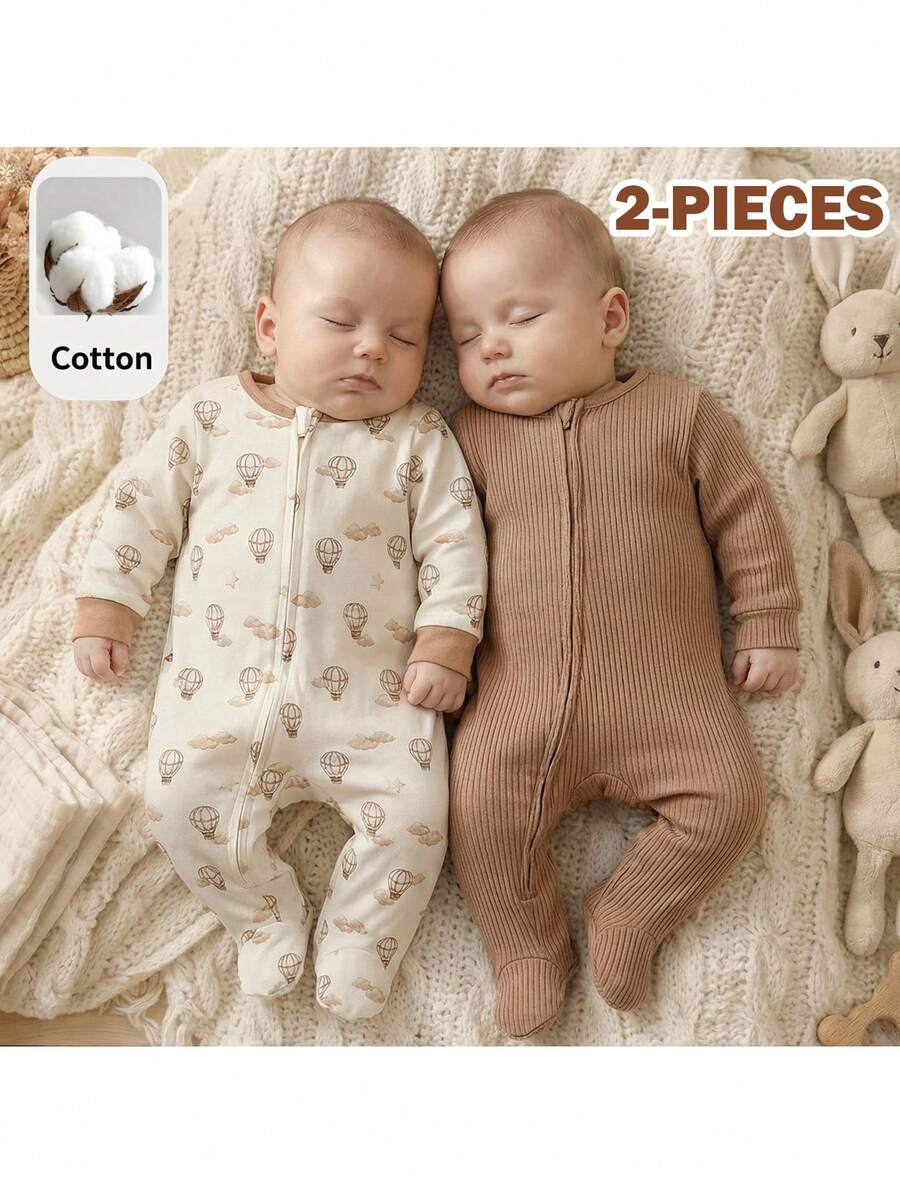 Loomiva Bộ đồ liền thân và quần dài tay cổ tròn mềm mại cho bé gái sơ sinh, họa tiết gấu hoạt hình. - màu nâu - Xem 1