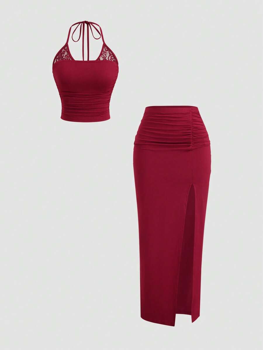 Sweetra Women's Wine Red Contrast Lace Halter Tie Waist Fitted Low Waist Side Ruched Slit Hem Skirt, Sexy & Chic European And American Style Two Pieces Set - Burgundy - View 1