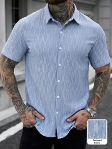 Manfinity CasualCool 男士纯色翻领单排扣休闲百搭日常短袖衬衫 - 藍色 - 查看 3