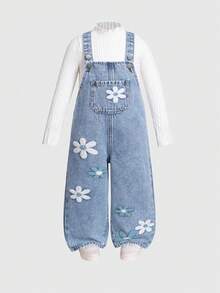 SHEIN ChillGRL 女童新款花卉愛心彩虹塗鴉休閒舒適軟牛仔連身褲 藍色 夏季 - 淺色水洗藍 - 查看 6