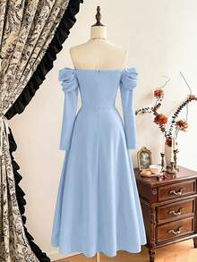 Vintamour 复古优雅女士连衣裙，带口袋，休闲假日派对连衣裙，红色冬季女装，女士冬季服装，女士圣诞节服装，圣诞节服装，新年服装，新年服装，女士感恩节服装，冬季连衣裙，女士圣诞连衣裙，圣诞派对连衣裙，女士新年夜连衣裙，优雅派对连衣裙，女士毕业礼服，女士优雅连衣裙，女士正式连衣裙 - 淺藍色 - 查看 5