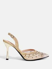 CUCCOO TILAWA 优雅女士尖头搭扣细高跟鞋 - 时尚性感水钻网眼透气别致百搭女士高跟鞋 - 适合婚礼、晚宴、派对和舞会 - 金色 - 查看 2