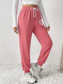 Quần nỉ thể thao thường ngày in hình trái tim cỡ lớn cho nữ có dây rút ở eo - Bụi hồng - Xem 3