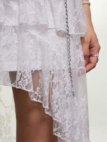 Rina Fox Women's Asymmetrical Design Lace Ruffled Y2K Mini Skirt, Sexy Denim Style, Suitable For Concerts, Parties, Spring/Summer - White - View 3