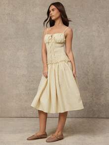 WESTFADE V Neck Tie Front Smocked Drop Waist Fit & Flare Sleeveless Striped Midi Dress - Yellow - View 4