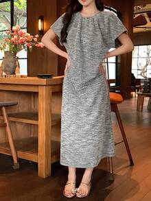 DAZY 女士宽松休闲中长连衣裙，蝙蝠袖短袖 - 黑色 - 查看 7