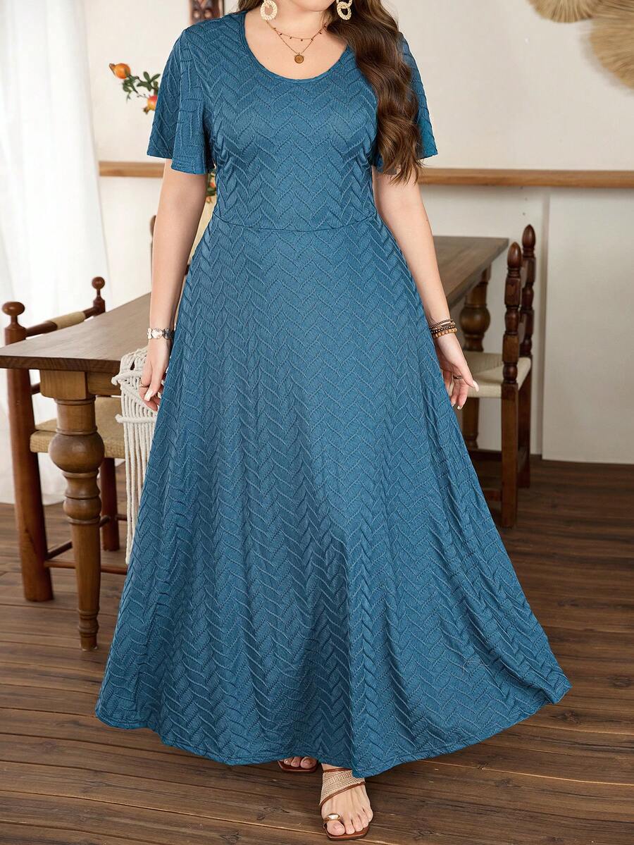 Lacomfia Plus Size Women Ruffle Hem A-Line Dress, Minimalist Elegant Short Sleeve - Teal Blue - View 1