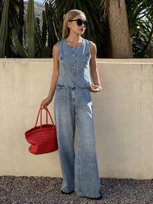 Livesso 春夏宽松休闲度假风蓝色圆领背心和阔腿牛仔裤 Old Money 女士牛仔套装 - 藍色 - 查看 3