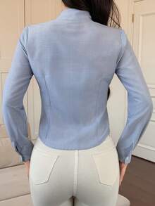 DAZY 女士条纹简约休闲长袖衬衫 - 藍色 - 查看 2