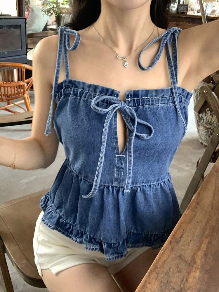 Women's Solid Color Spaghetti Strap Summer Tie-Up Ruffle Hem Denim Blouse