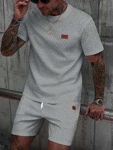 Manfinity CasualCool Men's V-Neck Ribbed T-Shirt + Drawstring Shorts Set - Grey - View 3