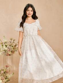 Đầm màu hồng nhạt cho bé gái tuổi teen, mùa xuân/hè, đầm dự tiệc cưới, tiệc sinh nhật, đầm dài bằng chiffon cho bé gái, đầm ngắn tay bằng polyester không co giãn, nhẹ. - Màu Hồng baby - Xem 5