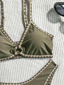 Swim Basics Summer New Solid Color Adjustable Strap Seashell Trim Low Waist Triangle Bikini Swimwear Set For Women - Multicolor - View 5