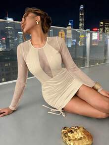 Rafferiza Apricot,Autumn,Techno,Club Night,Rave Elegant Bodycon Party Dress Metallic Mesh Patchwork Long Sleeve Ruched Drawstring Waist Slim Cocktail Dress - Apricot - View 3