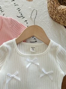 SHEIN LMoss Kids 2件套休闲百搭纯色蝴蝶结针织上衣，适合女婴 - 彩色 - 查看 6