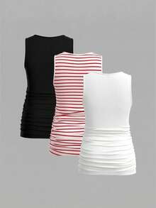 Modmama 3pcs/Set Maternity Round Neck Pleated Casual Versatile Daily Wear Tops - Red - View 2