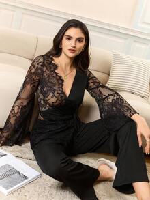 Moireta French Elegant Mature Sexy Hollow-Out Women Pajama Set - Black - View 5