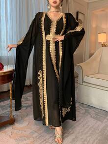 DAZY 2pcs Women's Middle Eastern Dubai Arabic Style Dress With Ribbon Trim - Black - View 5